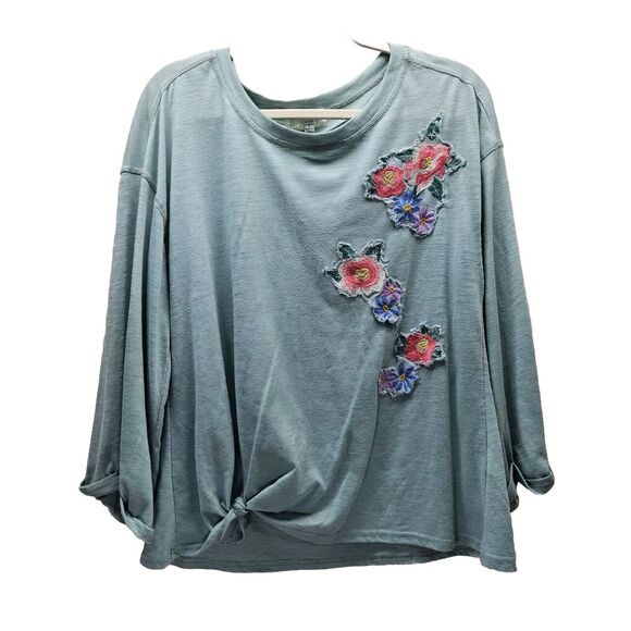 UMGEE Womens Pastel Green Floral Patch Wide Flowy Sleeve Knot Cotton Shirt Small - Picture 2 of 9